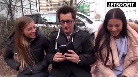 Blonde and Brunette Duo in Public Threesome
